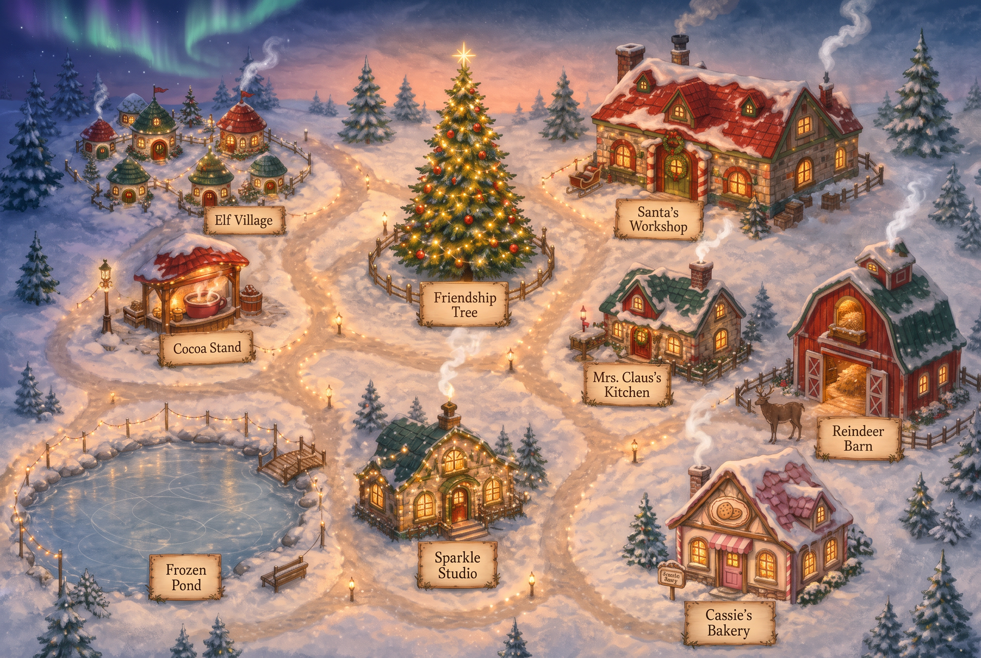 Hand-painted festive map of the North Pole village showing the bakery, cocoa stand, friendship tree, Santa's workshop, Mrs. Claus's kitchen, reindeer barn, frozen pond, sparkle studio and elf village