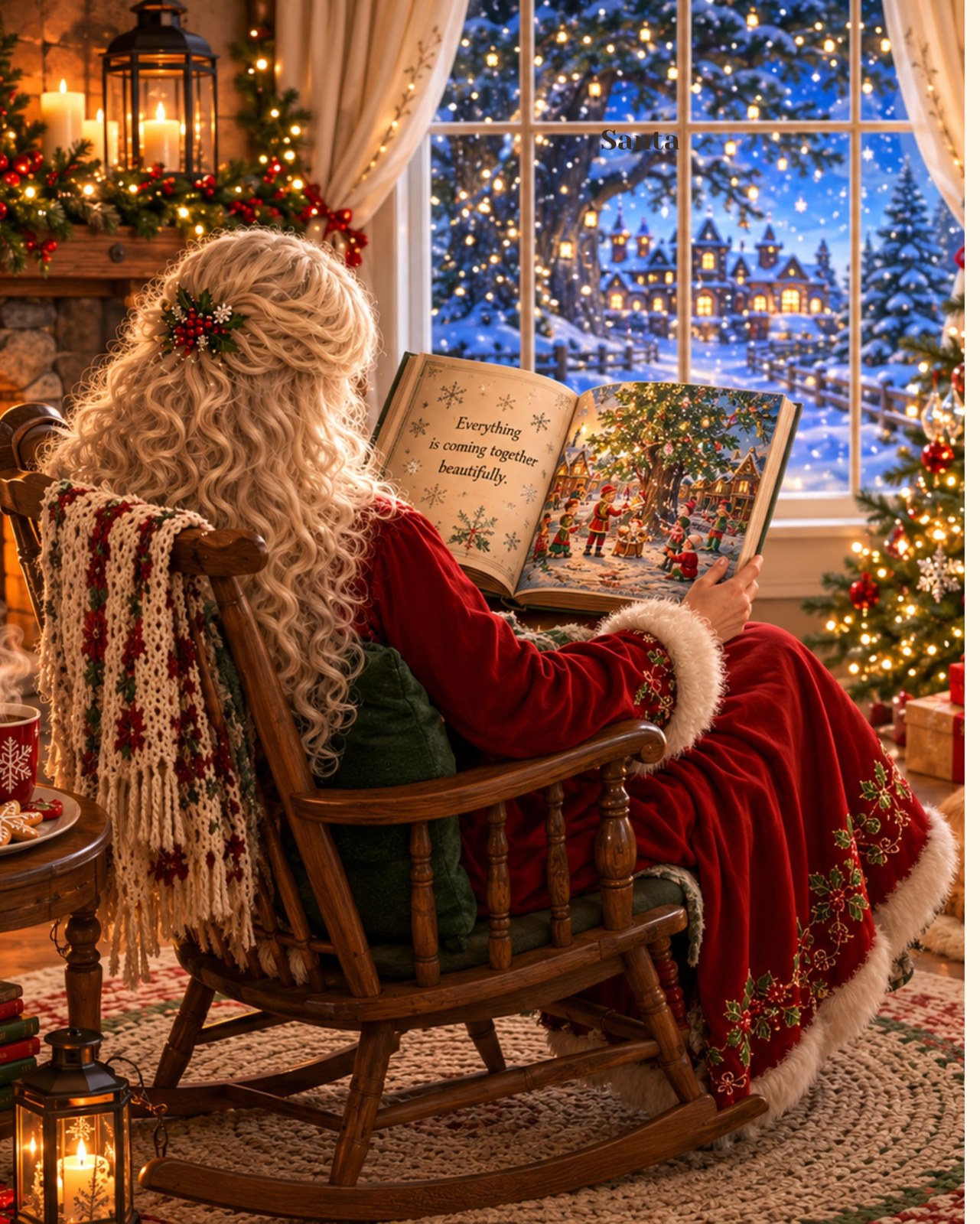 Mrs. Claus reading beside the fire, the village lights glowing through a frosted window