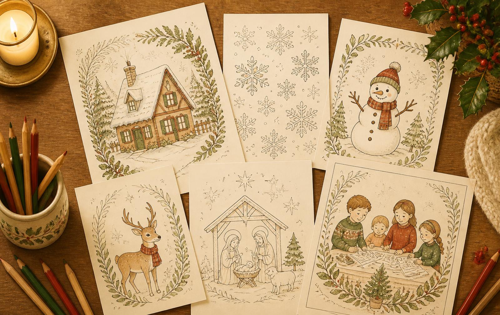 Coloring pages and family printables laid out on a wooden table with colored pencils, candlelight and holly