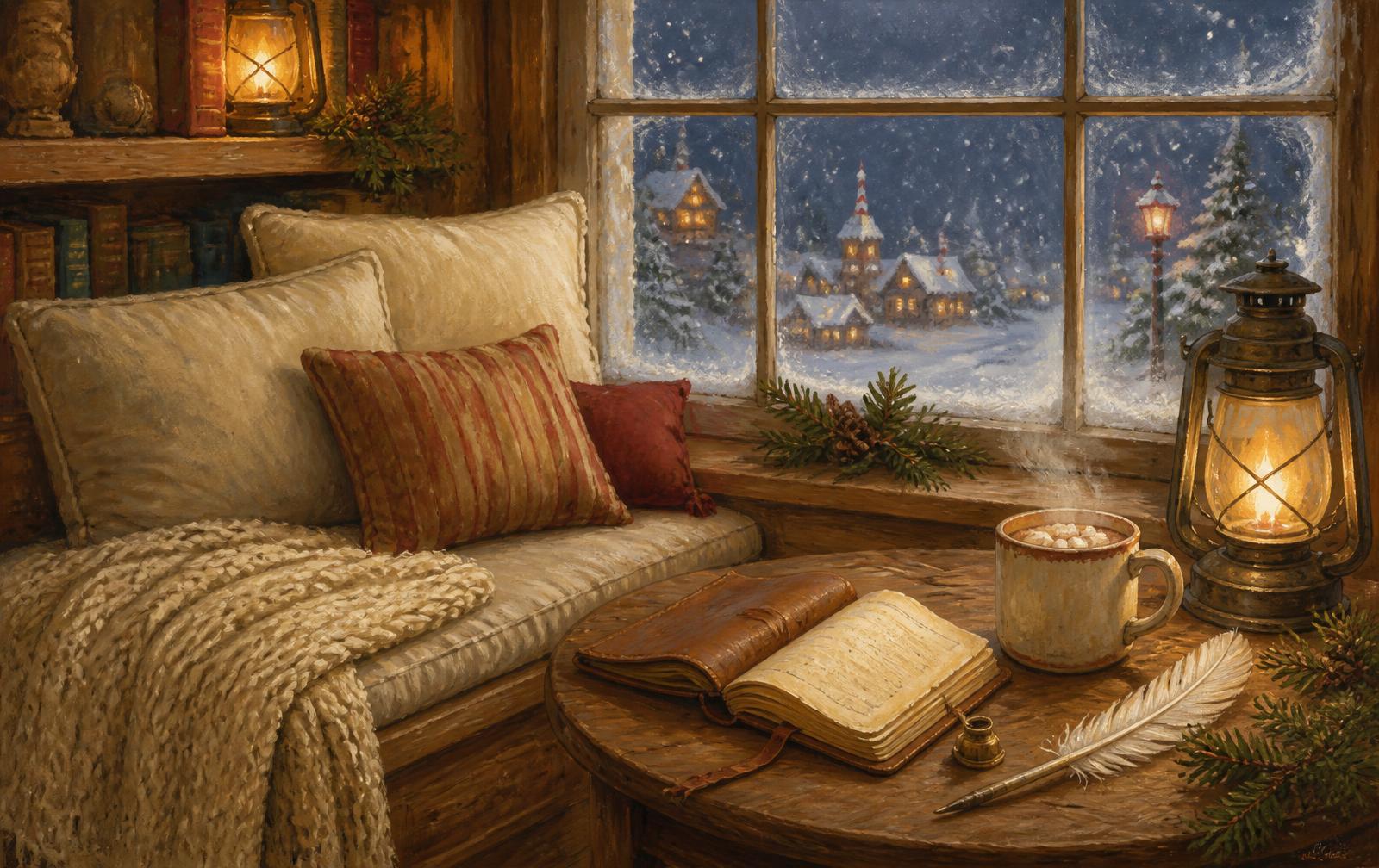 A cozy window seat with an open journal, a quill and a mug of cocoa, snow falling on the village outside