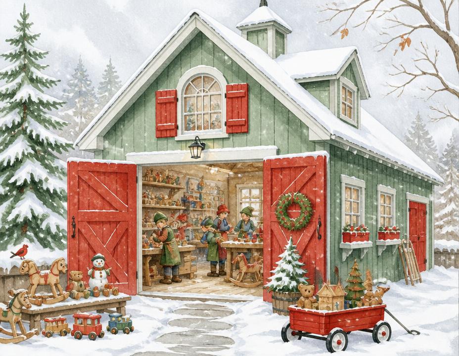 Illustration of Santa's Workshop in the North Pole village