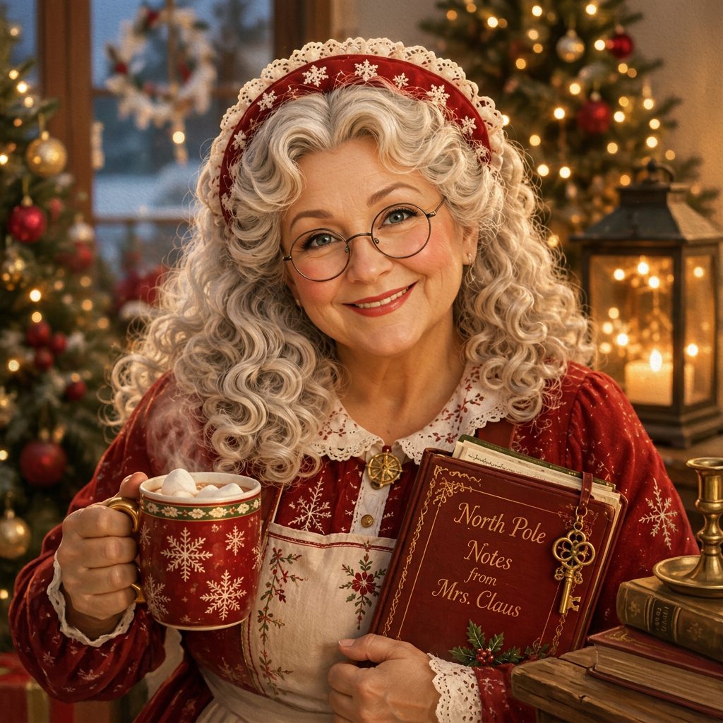 Michelle Joy as Mrs. Claus, holding a steaming mug of cocoa and a leather-bound journal in a cozy lantern-lit cottage