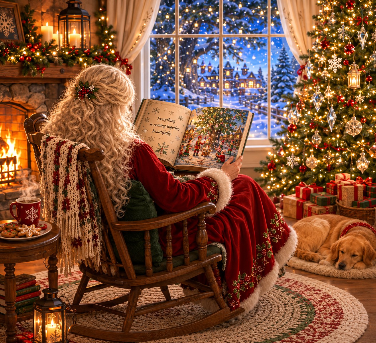 Mrs. Claus reading a storybook in a cozy rocking chair beside a glowing fireplace